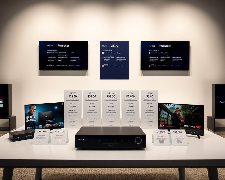 A beautifully lit studio shot showcasing various IPTV subscription plans. In the foreground, a sleek, modern table displays an array of digital devices, each representing different plan tiers. The middle ground features product information cards detailing the features and pricing of each plan, arranged in a clean, organized manner. The background is a minimalist, softly-lit setting with a subtle gradient, creating a sense of depth and professionalism. The overall composition conveys a high-quality, premium experience, perfectly suited to highlight the Xtreme HD IPTV UK subscription plans.