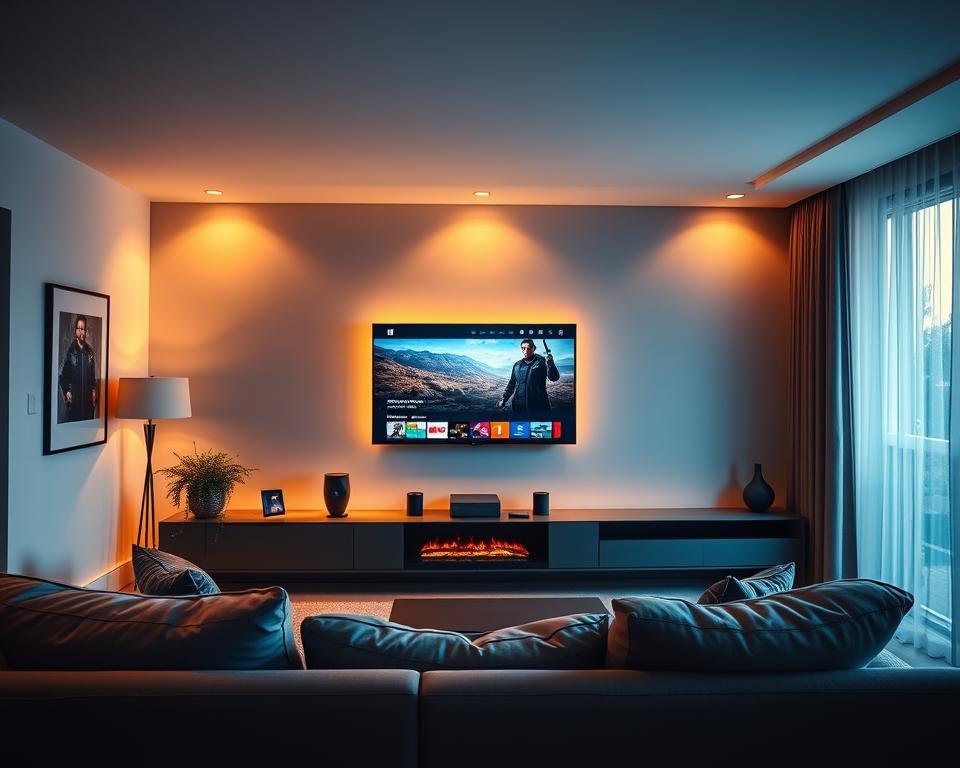 A breathtaking view of a modern living room, illuminated by soft, warm lighting that casts a cozy glow. In the foreground, a sleek, wall-mounted TV showcases vibrant, crystal-clear IPTV entertainment, with a variety of channels and on-demand content. In the middle ground, a comfortable sofa invites viewers to sit back and enjoy the immersive experience. The background features a minimalist, yet stylish decor, with clean lines and muted tones that create a serene and inviting atmosphere. The overall scene conveys the key benefits of IPTV in the United Kingdom - a seamless, high-quality entertainment experience that elevates the home viewing experience.