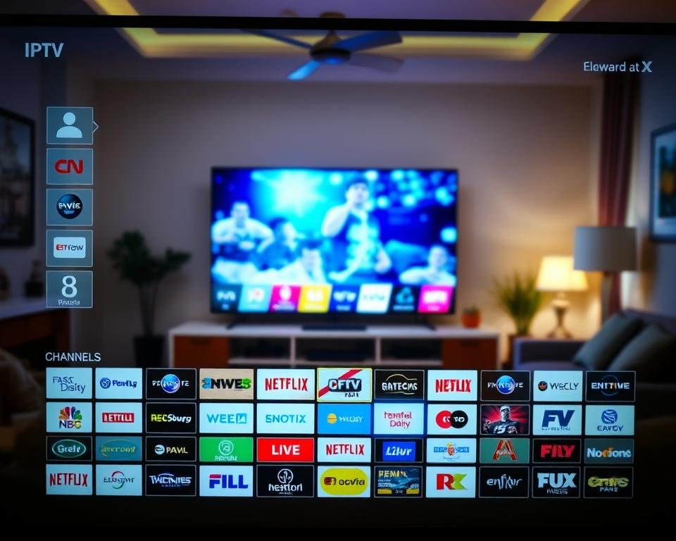 A bright, well-lit IPTV user interface with a grid-style channel selection menu. The foreground displays a range of channel logos, icons, and thumbnails, neatly arranged in rows and columns. The middle ground shows a large, high-definition TV screen displaying a vivid, immersive video feed, capturing the viewer's attention. The background features a subtle, out-of-focus living room setting, with tasteful decor and subtle lighting, creating a cozy, inviting atmosphere. The overall composition conveys a sense of modern, user-friendly technology seamlessly integrated into a comfortable home environment.