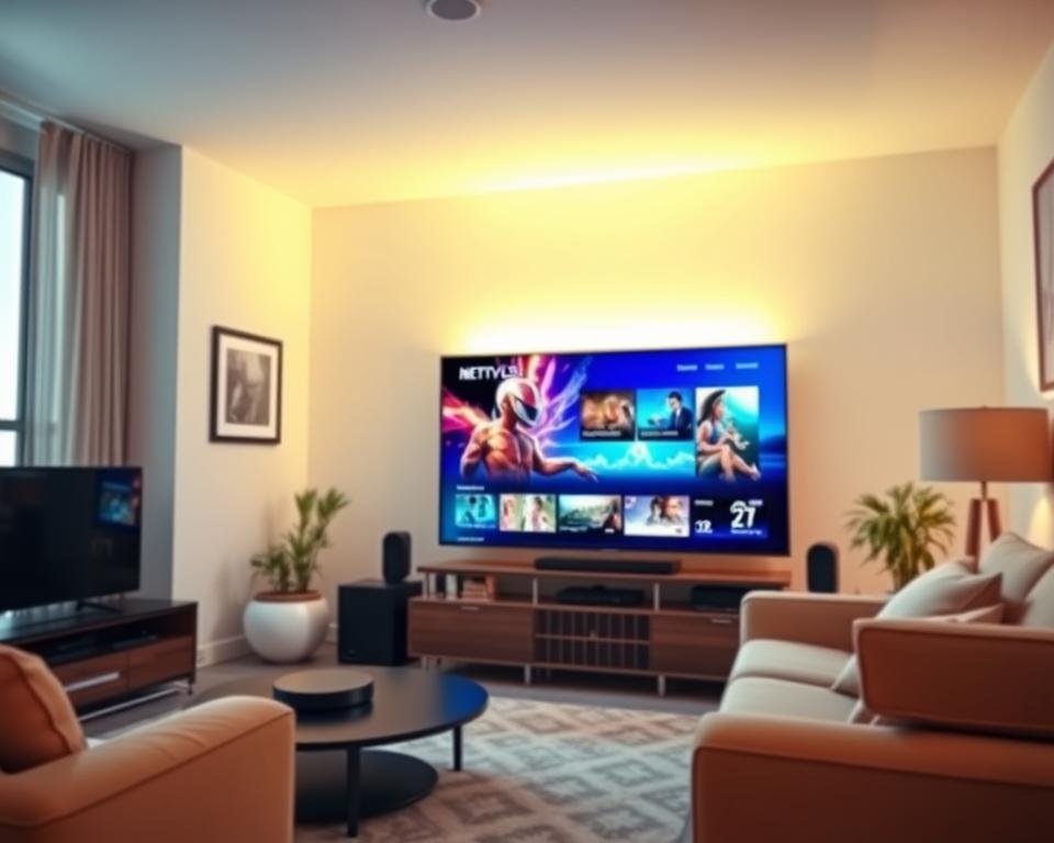 A brightly lit living room, filled with modern entertainment devices. In the center, a sleek smart TV displays a vibrant, high-definition IPTV stream, showcasing crystal-clear video and rich audio. The room's ambient lighting casts a warm, inviting glow, complementing the TV's vibrant display. The camera angle captures the TV from a slightly elevated perspective, emphasizing its central role in the scene. The room's decor is minimal and stylish, with clean lines and neutral tones, allowing the TV's performance to take center stage. An air of technological sophistication pervades the scene, hinting at the reliable, high-quality IPTV experience on offer.