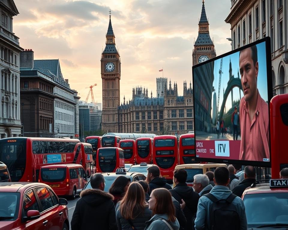 A bustling cityscape of London, with the iconic red double-decker buses and black cabs navigating the busy streets. In the foreground, a group of people gathered around a large screen, engrossed in the latest IPTV service offering. The soft, warm lighting casts a cozy glow, reflecting the growing popularity of these innovative entertainment platforms. In the background, a towering Big Ben and the Palace of Westminster stand as symbols of the United Kingdom's rich cultural heritage, juxtaposed with the modern digital landscape. The scene conveys a sense of progress and the integration of traditional and contemporary elements in the realm of UK IPTV services.