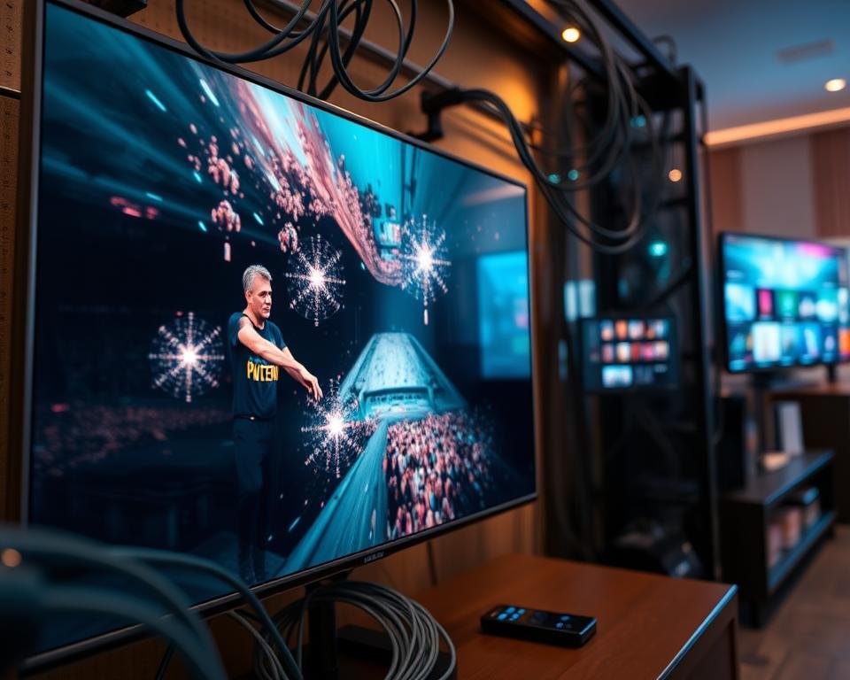 A cinematic close-up of a high-quality IPTV streaming service, showcasing a vibrant, crystal-clear display with sharp details and vivid colors. The foreground features a sleek, modern smart TV interface, with a smooth, responsive playback of a high-definition video. The middle ground captures the underlying network infrastructure, with data streams flowing seamlessly through a web of cables and routers, conveying the reliable, low-latency performance. The background subtly hints at the diverse content available, with hints of popular TV shows, movies, and live channels. The overall scene is bathed in a warm, inviting lighting, creating a sense of immersion and technological sophistication.