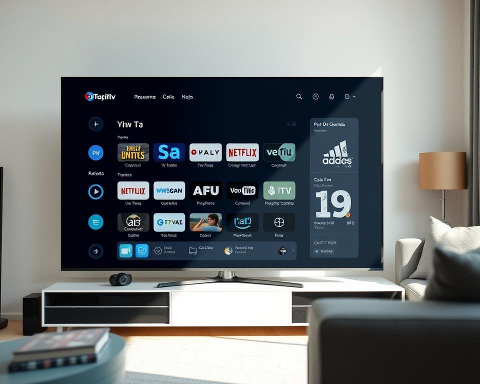 A clean, minimalist image of a UK IPTV service interface. Showcasing a sleek user dashboard with a grid of popular live TV channels, on-demand content, and subscription management tools. The interface has a modern, monochromatic design with subtle blue and grey accents. Bright, natural lighting illuminates the scene, creating a sense of openness and transparency. The composition places the UI front and center, with a blurred background hinting at a comfortable, living room-style environment. The overall mood is professional, trustworthy, and accessible, reflecting the legal and compliant nature of the IPTV service.