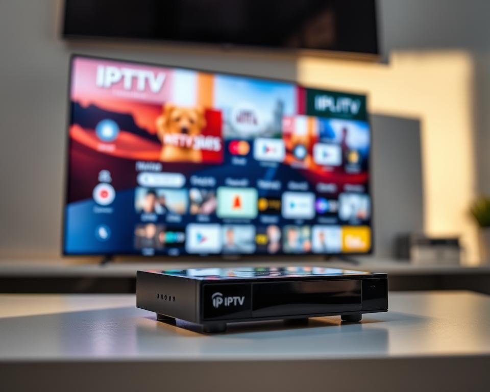 A close-up view of a modern IPTV streaming device, displaying a high-definition video feed with vibrant colors and sharp details. The screen showcases a range of streaming platforms and services, reflecting the diverse content available through IPTV. The device is situated on a sleek, minimalist surface, bathed in soft, directional lighting that creates a sense of depth and emphasizes the clarity of the image. The background is blurred, allowing the streaming device to be the focal point, conveying the importance of high-quality streaming for the optimal viewing experience.