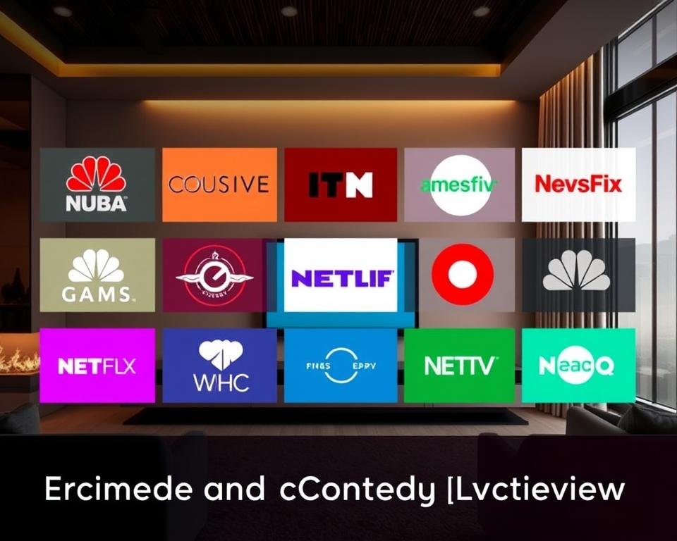 A collection of premium UK TV channel logos arranged in a visually striking grid layout, positioned against a backdrop of a sleek, modern living room setting with warm lighting and a minimal, sophisticated design. The channels should be clearly visible and recognizable, with a sense of premium quality and exclusivity. The overall composition should convey a sense of high-end entertainment and a curated content library, reflecting the section title "Channel Selection and Content Library Overview".