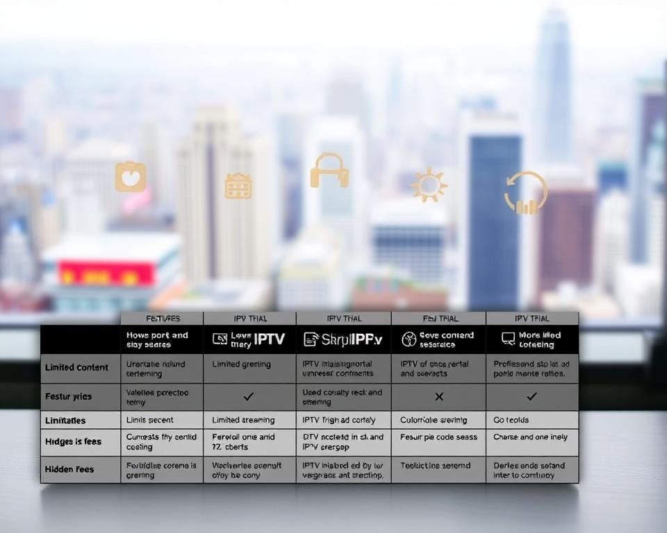 A comparative analysis of IPTV trial options, showcasing the potential cons to consider before subscribing. In the foreground, a table displaying the features and limitations of various IPTV trials, presented in a clean, minimalist style. The middle ground features icons and symbols representing the potential drawbacks, such as limited content, unreliable streaming, and hidden fees. The background is a soft, blurred cityscape, hinting at the broader context of the IPTV landscape. The overall mood is one of thoughtful evaluation, with a focus on informing the reader's decision-making process.