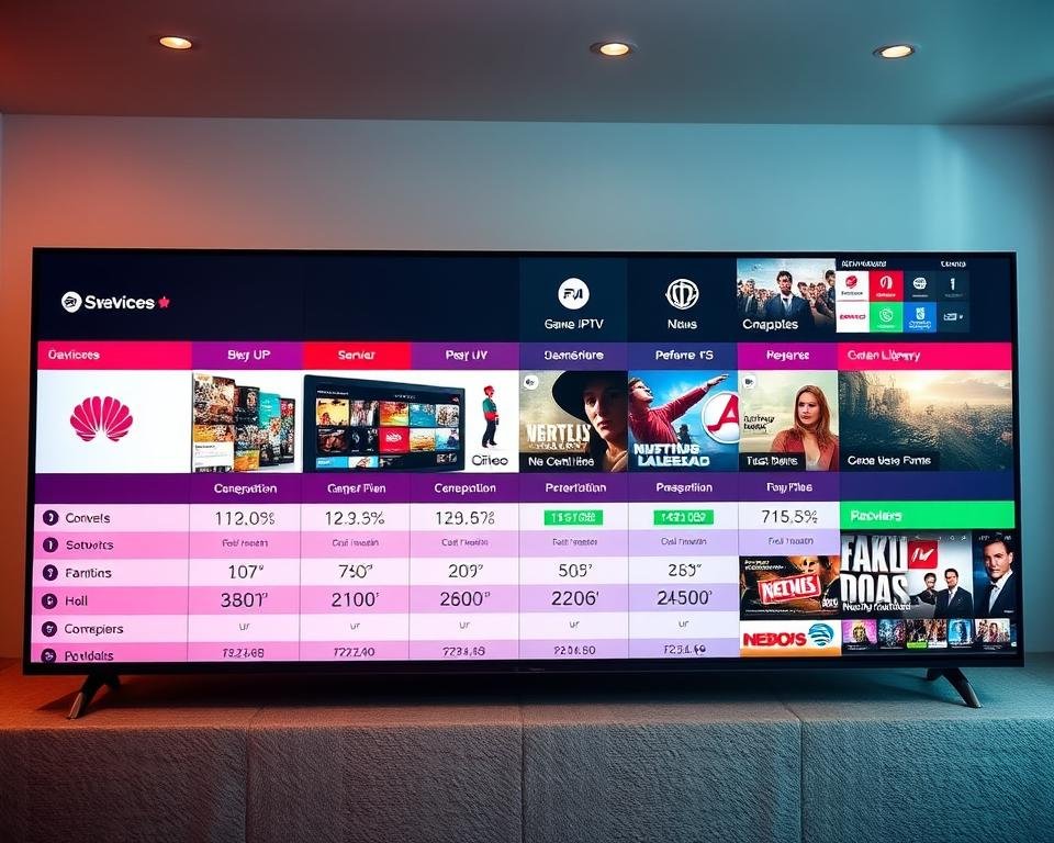 A comprehensive side-by-side comparison of the top IPTV providers in the UK, showcased in a sleek, modern layout. The foreground features distinct service icons, subscription plan details, and performance metrics presented in a clean grid format. The middle ground displays product screenshots and UI elements, highlighting the user experience. The background showcases the diverse content libraries and device compatibility, creating a sense of the providers' capabilities. The lighting is warm and balanced, with a soft focus that draws the eye to the key details. The overall mood is informative, yet visually appealing, guiding the viewer through the UK IPTV market landscape.