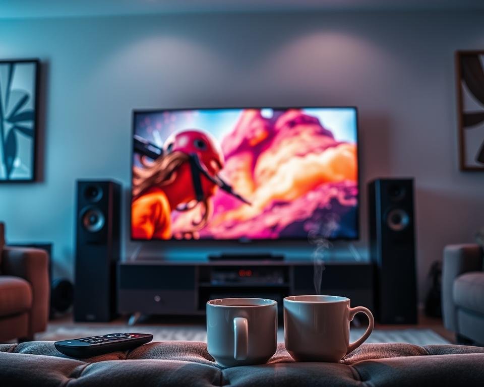 A cozy living room with a large flat-screen TV displaying vibrant, high-definition visuals. Soft, ambient lighting illuminates the scene, creating a comfortable and immersive atmosphere. The TV is flanked by sleek, modern audio equipment, hinting at the exceptional sound quality. In the foreground, a sophisticated remote control and a steaming mug of coffee suggest a leisurely, cinematic experience. The walls are adorned with abstract artwork, adding depth and character to the space. The overall composition conveys a sense of effortless, high-quality streaming, inviting the viewer to sink into the comfort of endless entertainment. A cozy living room with a large flat-screen TV displaying vibrant, high-definition visuals. Soft, ambient lighting illuminates the scene, creating a comfortable and immersive atmosphere. The TV is flanked by sleek, modern audio equipment, hinting at the exceptional sound quality. In the foreground, a sophisticated remote control and a steaming mug of coffee suggest a leisurely, cinematic experience. The walls are adorned with abstract artwork, adding depth and character to the space. The overall composition conveys a sense of effortless, high-quality streaming, inviting the viewer to sink into the comfort of endless entertainment.