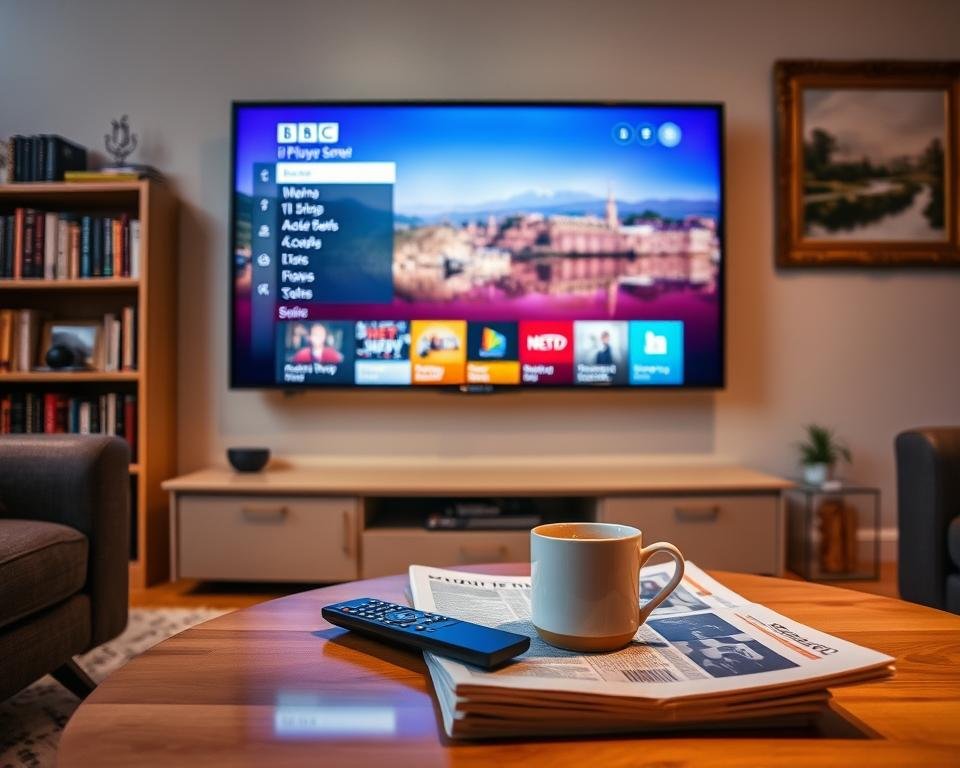 A cozy living room with a large flat-screen TV mounted on the wall, displaying a vibrant BBC iPlayer interface. Soft, warm lighting illuminates the room, creating a welcoming atmosphere. On the coffee table in the foreground, a sleek remote control and a mug of steaming tea sit alongside a newspaper, hinting at the quintessential British lifestyle. In the background, a bookshelf filled with classic novels and a framed landscape painting add depth and character to the scene. The overall composition conveys a sense of comfort, relaxation, and the joy of accessing high-quality British television content from the comfort of one's own home.