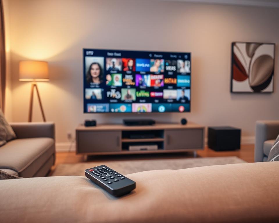 A cozy living room with a large flat-screen TV taking center stage, displaying an array of on-demand content from a UK IPTV service. The room is bathed in warm, soft lighting, creating a welcoming atmosphere. In the foreground, a sleek remote control lies on a plush, neutral-toned sofa, hinting at the user's ability to easily navigate the extensive library of shows, movies, and live channels. The middle ground features a modern, minimal entertainment unit housing various media devices, while the background showcases a tasteful piece of abstract art on the wall, complementing the room's overall aesthetic. The scene conveys a sense of comfort, convenience, and the wealth of entertainment options available through the UK IPTV service.
