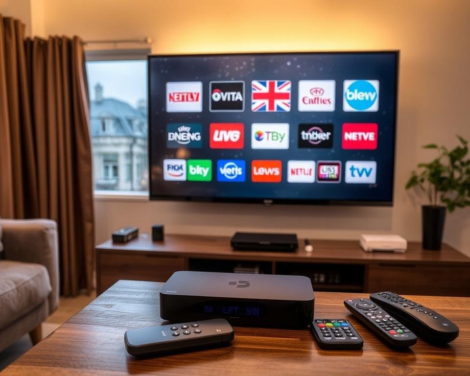 A cozy living room with a large flatscreen TV mounted on the wall, displaying various UK TV channel logos. In the foreground, a sleek streaming device rests on a wooden TV stand, surrounded by remote controls and a smartphone. The room is illuminated by warm, soft lighting, creating a inviting atmosphere. Through the window in the background, a rainy British cityscape is visible, emphasizing the ability to access UK channels from anywhere. The overall scene conveys the convenience and accessibility of streaming British TV content.