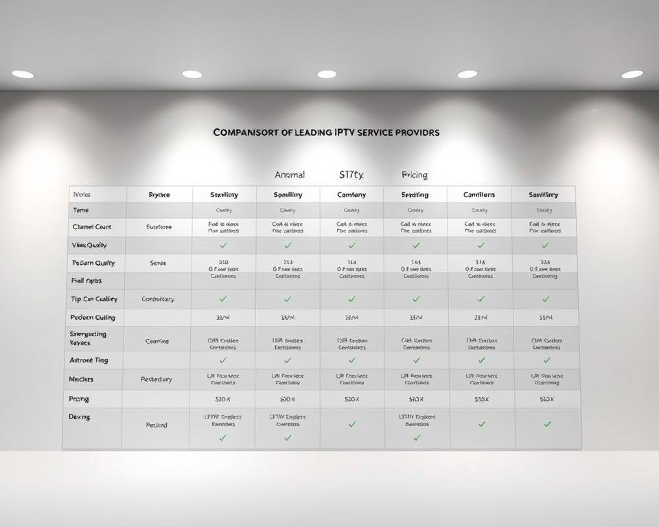 A crisp, minimalist comparison chart showcasing key details of leading IPTV service providers. Rendered in a clean, modern style with a neutral color palette. The chart layout is structured and grid-like, highlighting service features such as channel count, video quality, device compatibility, and pricing in a clear, easy-to-digest format. The overall aesthetic is professional and informative, complementing the subject matter. Bright, evenly distributed lighting illuminates the chart from multiple angles, creating depth and dimensionality. The camera angle provides a slight bird's-eye view, giving the viewer a comprehensive overview of the data presented.