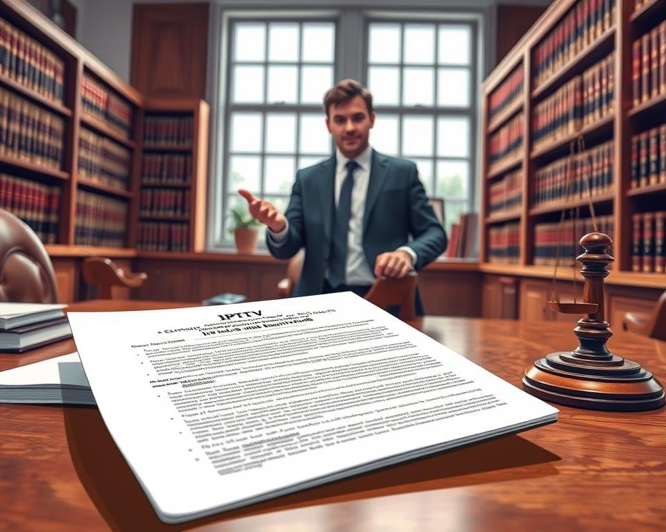 A detailed and authoritative legal illustration depicting the key considerations for IPTV usage in the UK. Set in a modern law office interior, with a large window illuminating the scene. In the foreground, a legal document with UK statutes and regulations relevant to IPTV is prominently displayed on a wooden desk. In the middle ground, a person in formal attire, presumably a lawyer, is gesturing towards the document, conveying the importance of understanding the legal landscape. The background features bookshelves filled with law volumes, suggesting the depth of research and expertise required. The overall mood is one of professionalism, legality, and attention to detail - reflecting the serious nature of the legal concerns surrounding IPTV in the UK.