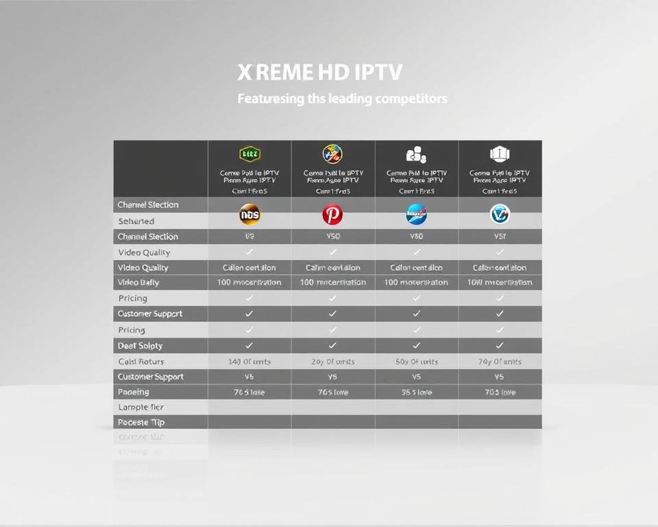 A detailed comparison chart showcasing the key features and offerings of Xtreme HD IPTV service and its leading competitors. The chart is presented on a sleek, minimalist backdrop, using a neutral color palette and clean typography to ensure maximum clarity and readability. The foreground features neatly organized data rows highlighting the comparative aspects, such as channel selection, video quality, pricing, and customer support. The middle ground displays subtle visual cues, such as IPTV service logos, to aid in identification. The background maintains a subtle, blurred gradient to maintain focus on the central chart. The overall aesthetic is professional, informative, and designed to effectively communicate the comparative strengths of the IPTV services to the reader.