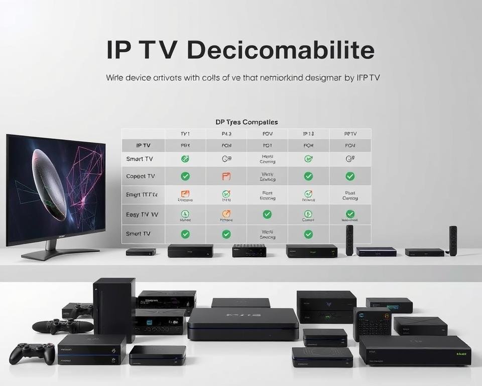 A detailed comparison of IPTV device compatibility, showcasing various streaming devices and set-top boxes. In the foreground, an array of devices including smart TVs, gaming consoles, and media players are neatly arranged, their logos and brand names clearly visible. In the middle ground, a grid-like layout highlights the compatibility of each device with the IPTV service, using intuitive icons and color-coding to indicate support. The background features a sleek, minimalist design with clean lines and a muted color palette, creating a professional and informative atmosphere. Soft, directional lighting emphasizes the technical details and enhances the overall visual clarity.