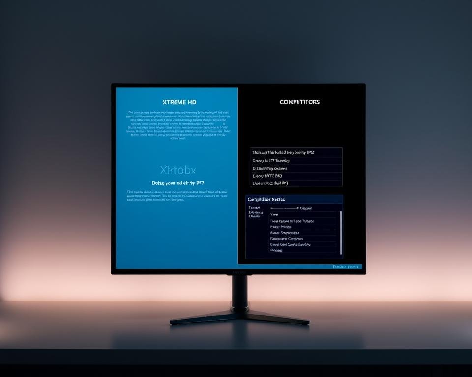 A detailed comparison of the setup process for two leading IPTV services, Xtreme HD and its competitors. The image depicts a split-screen layout, with each half showcasing the step-by-step installation flow for the respective services. The Xtreme HD side features a clean, streamlined process, with simple instructions and intuitive UI elements. The competitor side displays a more complex setup, with multiple configuration screens and potential roadblocks. The overall scene is rendered in a muted, professional tone, with soft lighting and a subtle blend of cool and warm tones to accentuate the technical nature of the subject matter. The composition emphasizes the ease and efficiency of the Xtreme HD setup, positioning it as the superior choice for IPTV enthusiasts.