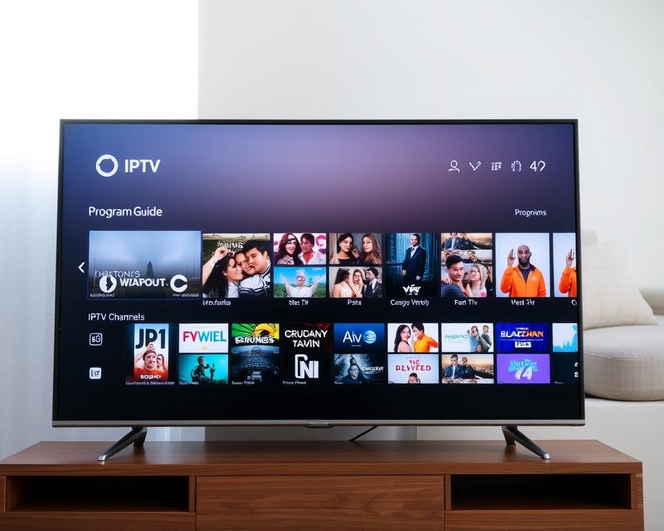 A detailed electronic program guide interface displayed on a high-definition television screen. The foreground features a clean, intuitive grid layout showcasing a selection of IPTV channel thumbnails, program titles, and air times. The middle ground incorporates sleek on-screen controls and category menus for easy navigation. The background depicts a subtle, abstract gradient in muted, calming hues that complement the modern, minimalist design. Bright, natural lighting from the television illuminates the scene, creating a crisp, inviting atmosphere. The overall composition conveys a sense of advanced functionality and user-friendly accessibility for the IPTV experience.