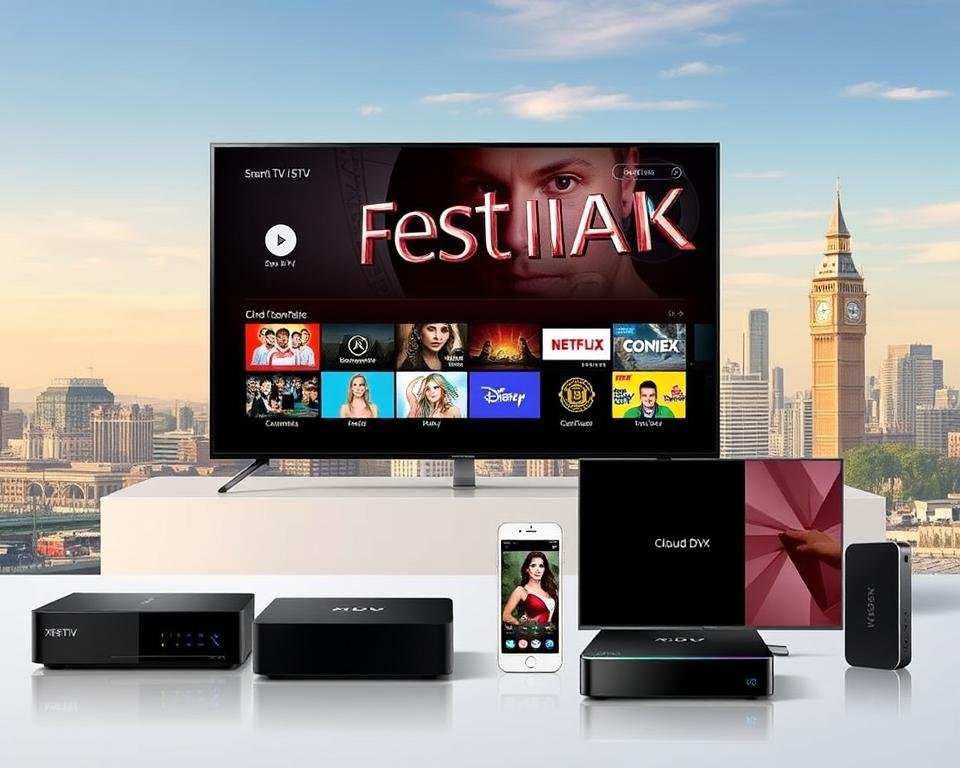 A detailed, high-quality image of the "Xtreme HD IPTV UK" service features. In the foreground, a sleek, modern user interface showcasing the service's key offerings, such as live TV channels, on-demand content, and cloud DVR. In the middle ground, various devices like smart TVs, smartphones, and streaming boxes compatibly connected to the IPTV service. In the background, a cityscape of the UK skyline, highlighting the service's local focus. The lighting is warm and natural, conveying a sense of reliable, premium quality. The overall composition is visually striking, with a clean, minimalist aesthetic that reflects the service's advanced technology and user-friendly experience.