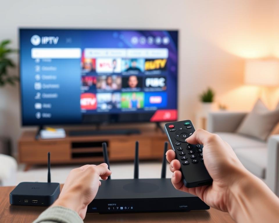 A detailed step-by-step guide for setting up an IPTV service. In the foreground, a person's hands holding a remote control and interacting with a modern smart TV interface, displaying IPTV menu options. In the middle ground, various streaming devices like a set-top box, HDMI dongle, and network router, all neatly arranged. The background features a cozy living room setting with comfortable furniture and soft, warm lighting, creating an inviting atmosphere for the IPTV setup process. The image should convey a sense of simplicity, user-friendliness, and the effortless integration of IPTV technology into the home entertainment system.