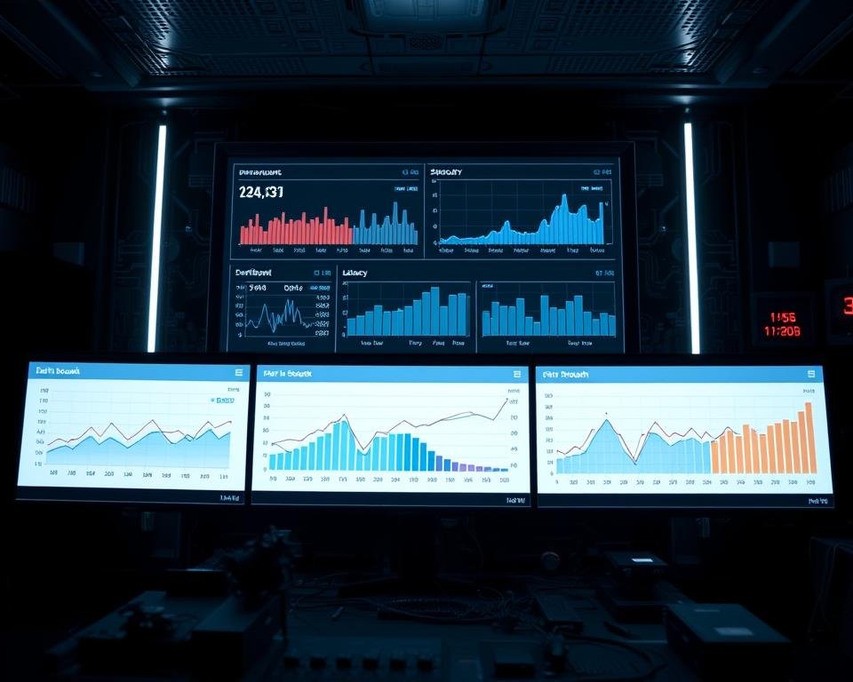 A detailed technical analysis of IPTV performance, presented in a clean, data-driven format. The foreground showcases a series of responsive, interactive charts and graphs displaying key performance metrics like streaming quality, latency, and error rates. The middle ground features a sleek, minimalist dashboard interface, providing an at-a-glance overview of overall IPTV system health. The background is a dimly lit, technologically advanced environment, with subtle hints of circuit boards and digital readouts, creating an atmosphere of analytical precision. Subtle lighting from behind the charts casts a soft glow, enhancing the professionalism and authority of the results. The overall tone is one of empirical, evidence-based assessment, suitable for an in-depth review of IPTV services.