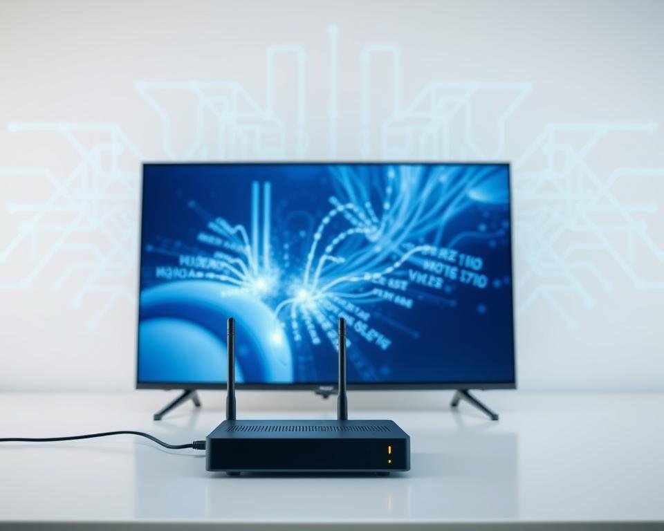 A detailed, technically accurate illustration of IPTV technology. In the foreground, a sleek, modern internet-connected smart TV displaying a crisp, high-definition video stream. In the middle ground, a network router, modem, and streaming device, all seamlessly integrated. In the background, a visualization of the internet infrastructure, with data packets flowing through cables and wireless signals. The lighting is clean and bright, emphasizing the high-tech, futuristic nature of the scene. The camera angle is slightly elevated, providing an expansive, comprehensive view of the IPTV system. The overall mood is one of technological sophistication and the promise of unlimited entertainment and information at the user's fingertips.