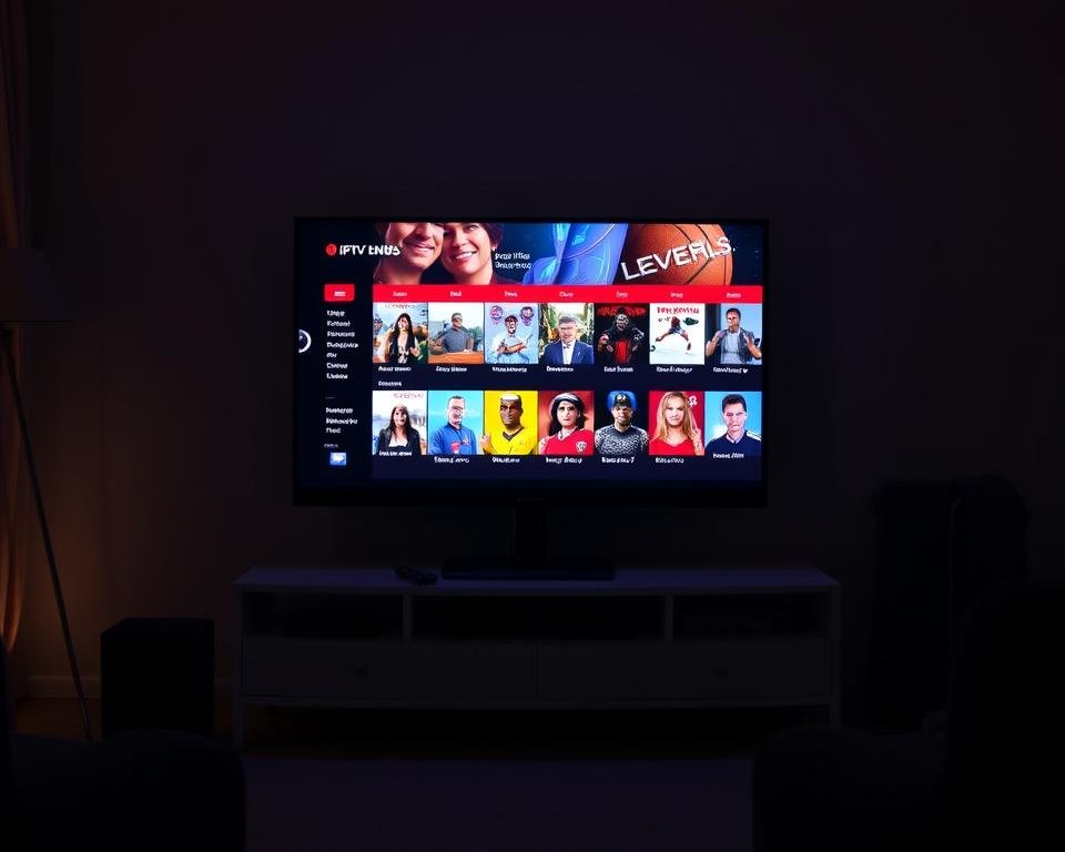 A dimly lit living room set, with a cozy atmosphere and a sleek, modern TV stand as the centerpiece. On the screen, a diverse array of IPTV UK trial content is displayed - a mix of live news, sports, movies, and television shows, all rendered in vibrant, high-definition colors. The room is illuminated by a warm, soft light, creating a welcoming and inviting ambiance. The overall scene conveys a sense of entertainment, relaxation, and the freedom to explore a wealth of content during an IPTV UK trial.