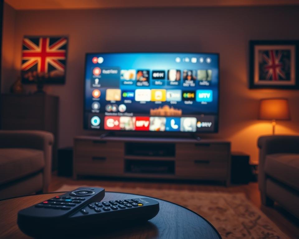 A dimly lit living room with a smart TV prominently displayed. The TV screen shows the IPTV interface, with various channel icons and options. In the foreground, a remote control is positioned on a side table, highlighting the interaction between the user and the IPTV system. The room is bathed in a warm, amber glow, creating a cozy and relaxed atmosphere. The background features subtle hints of the United Kingdom, such as a Union Jack flag or a framed landscape of a British landmark, to reinforce the context of the image. The overall composition emphasizes the legality and accessibility of IPTV services for UK Smart TV users.