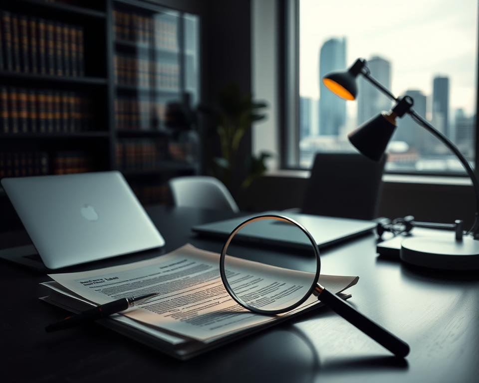 A dimly lit office interior, a sleek, modern desk with a laptop and a stack of documents. In the background, a bookshelf filled with legal volumes and a window overlooking the city skyline. On the desk, a magnifying glass hovers over the paperwork, highlighting the nuanced details of UK broadcasting regulations, casting a warm, focused glow across the scene. The lighting is a mix of muted natural light and a subtle, directional desk lamp, creating a contemplative and investigative atmosphere. The overall tone is one of careful examination and thoughtful analysis of the complex legal landscape surrounding IPTV in the UK.