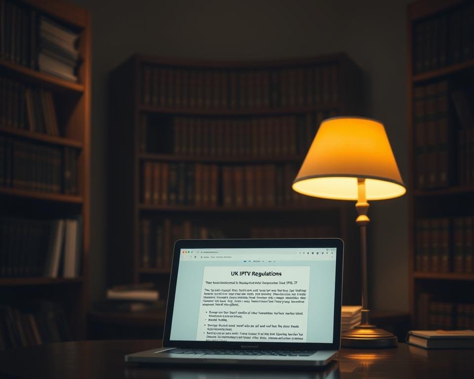 A dimly lit office interior, wooden shelves lining the walls, showcasing law books and documents. In the foreground, a laptop displays UK IPTV regulations, its screen illuminated by a warm desk lamp. The background is hazy, creating a sense of focus on the relevant legal information. Muted tones of brown and gray dominate the scene, conveying a somber, authoritative atmosphere. The lighting is subtle, casting soft shadows that add depth and drama to the composition.