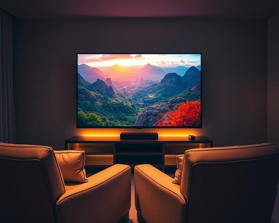 A dimly lit room with a large 4K Ultra HD television screen displaying a vibrant, high-quality IPTV stream. The screen showcases a lush, cinematic landscape with vivid colors and intricate details. Soft, warm lighting illuminates the scene, creating a cozy and immersive atmosphere. The television is placed on a sleek, modern entertainment stand, surrounded by subtle ambient lighting that enhances the viewing experience. In the foreground, a pair of comfortable, plush armchairs invite the viewer to sit back and enjoy the captivating 4K Ultra HD IPTV streaming.