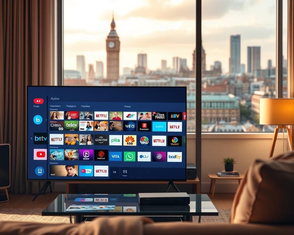 A dynamic comparison of IPTV content variety against traditional television services in the UK. In the foreground, a living room setup with a modern TV displaying a diverse array of streaming options. In the middle ground, icons representing various IPTV channels and on-demand content. In the background, a cityscape with buildings and landmarks symbolizing the traditional broadcast television infrastructure. The scene is lit by a warm, natural light, creating a cozy, inviting atmosphere. The composition emphasizes the contrast between the flexibility and content diversity of IPTV versus the more rigid, linear structure of traditional television.