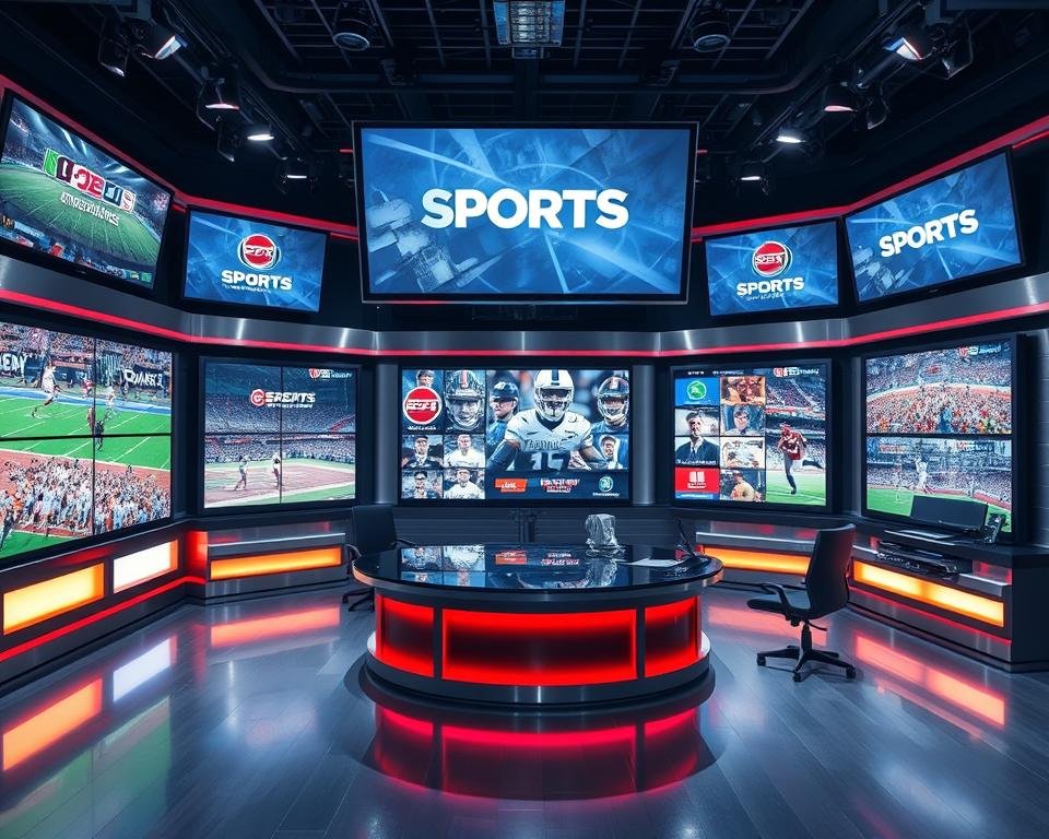 A dynamic sports broadcast studio with a wide array of screens showcasing various sports channels and logos. The scene is set in a sleek, modern environment with brushed metal accents and vibrant, saturated colors. The lighting is bright and directional, creating distinct shadows and highlights that emphasize the high-tech, professional atmosphere. The camera angle is slightly elevated, providing a comprehensive view of the setup. The screens display a diverse range of sports, reflecting the breadth of coverage available on these premium channels. The overall composition is balanced and visually striking, capturing the essence of a premier sports media hub.