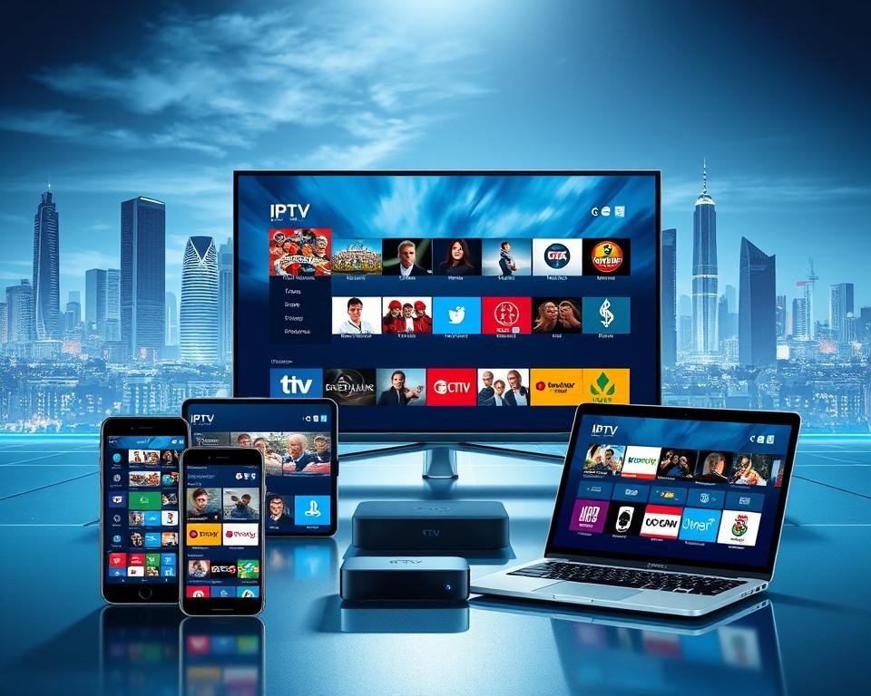 A futuristic digital landscape with various high-tech devices seamlessly displaying a diverse array of UK IPTV channels. The scene features a sleek, minimalist design with a cool, vibrant color palette. In the foreground, a cutting-edge smartphone, tablet, and smart TV are positioned prominently, their screens showcasing a vibrant selection of popular UK channels. The middle ground showcases a laptop and streaming box, further highlighting the device compatibility. In the background, a stunning cityscape with skyscrapers and a futuristic skyline sets the scene, emphasizing the modern, technology-driven nature of IPTV. The lighting is crisp, directional, and dramatic, casting shadows that accentuate the smooth, angular forms of the devices. The overall atmosphere conveys a sense of innovation, connectivity, and the seamless integration of IPTV across multiple platforms.