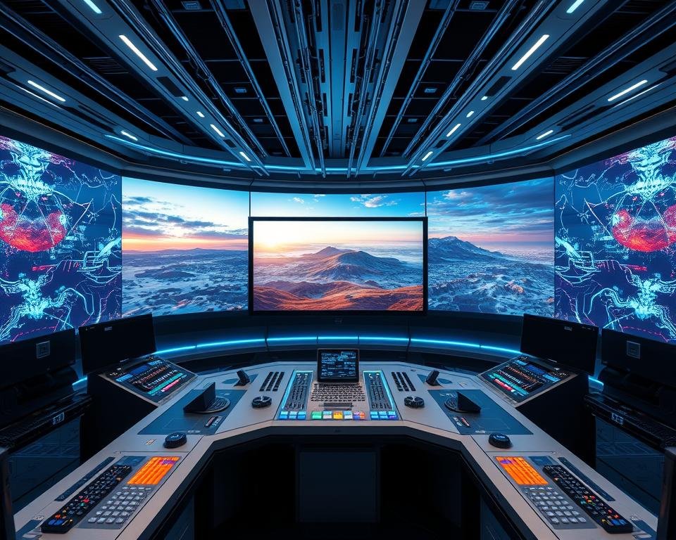 A futuristic high-tech control room, with a sprawling array of holographic displays showcasing a mesmerizing real-time IPTV feed. The center screen displays a stunning 8K HDR landscape, with vivid colors, crisp details, and buttery-smooth motion. Sleek silver and black consoles flank the display, adorned with a grid of dials, switches, and touchpads. Overhead, a network of fiber optic cables crisscross the ceiling, bathing the room in a cool blue glow. The atmosphere is one of cutting-edge technology, precision, and the pinnacle of digital entertainment.
