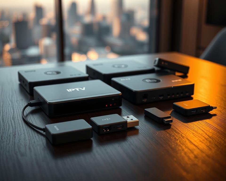 A group of IPTV set-top boxes and USB dongles lying on a dark wooden table, illuminated by warm, diffused lighting. The devices are arranged in a visually appealing layout, showcasing their various shapes, sizes, and connectivity options. In the background, a blurred cityscape or abstract geometric shapes create a minimalist, high-tech atmosphere, complementing the technical nature of the subject matter.