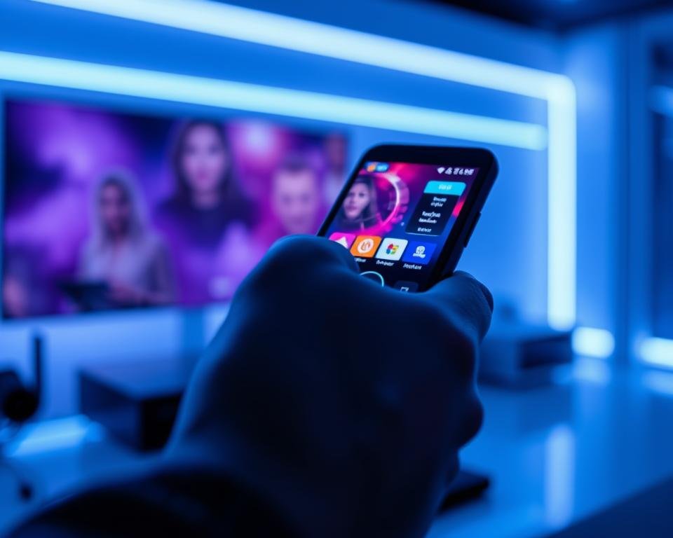 A high-contrast, cinematic image of a person's hand holding a remote control or smartphone, with a colorful, futuristic IPTV interface displayed on the device's screen. The scene is bathed in cool, blue-tinted lighting, creating a sleek, modern atmosphere. The background is blurred, with hints of a minimalist, high-tech setting. The composition emphasizes the ease and accessibility of accessing a free IPTV trial in the UK, conveying a sense of excitement and discovery.