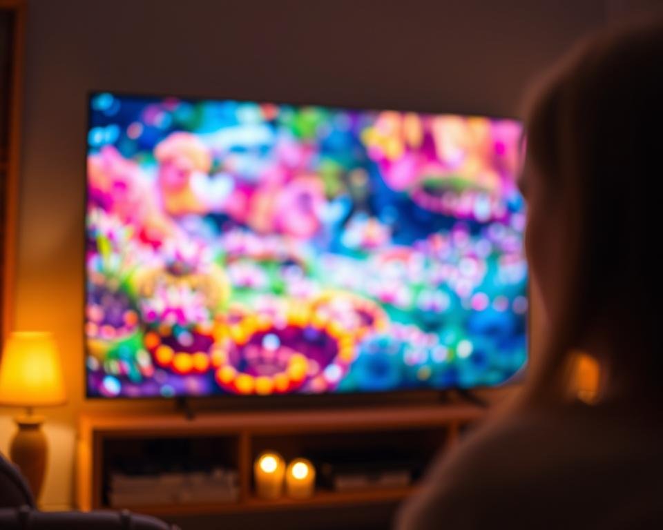 A high-definition IPTV screen displaying vibrant, true-to-life visuals with exceptional clarity and color accuracy. The image is captured with a professional-grade camera lens, rendering the scene with a cinematic depth of field and soft bokeh effect in the background. Warm, directional lighting illuminates the screen, creating a cozy and immersive viewing experience. The overall atmosphere conveys a sense of premium quality and advanced streaming technology, perfectly suited for the "Picture Quality and Streaming Performance" section of the "Xtreme HD IPTV" article.