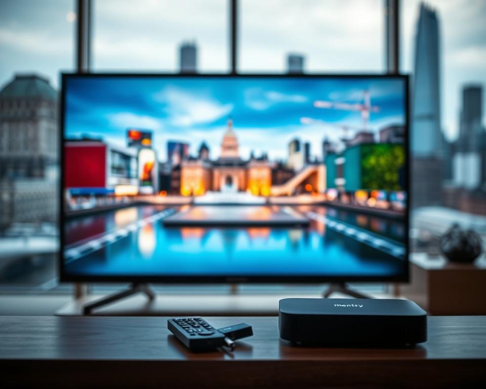 A high-definition digital display showcases the premium quality of IPTV streaming in the UK. In the foreground, a sleek, modern television set displays crystal-clear video with vibrant colors and deep contrast. Surrounding the screen, a minimalist black frame and a subtle glow of soft lighting create a sense of elevated sophistication. In the middle ground, a remote control and a streaming device hint at the seamless integration of technology. The background features a blurred cityscape, hinting at the boundless access to content and the convenience of on-demand viewing from the comfort of one's home.