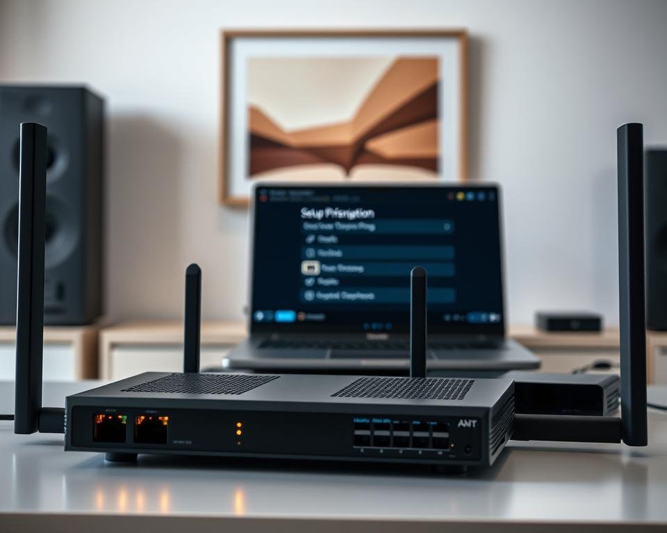 A high-definition streaming setup guide with a sleek, modern aesthetic. In the foreground, a high-end router and network switch sit on a minimalist desk, their LED indicators casting a soft glow. In the middle ground, a laptop and streaming device are positioned, their screens displaying setup instructions and configuration options. The background features a clean, minimalist wall with tasteful artwork, creating a serene and professional atmosphere. Soft, indirect lighting illuminates the scene, emphasizing the high-quality components and crisp, clear visuals. The overall composition conveys a sense of technological sophistication and ease of use, perfectly suited for guiding new users through the setup process.