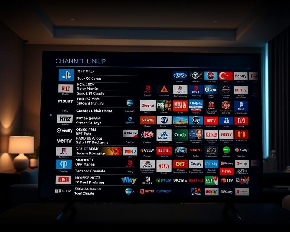 A high-definition, ultra-detailed channel lineup guide for Xtreme HD IPTV service. The foreground features a crisp, legible on-screen display showcasing a comprehensive list of channels organized by category, with clear icons and logos. The middle ground depicts a living room setting with a large flatscreen television, evoking a premium home entertainment experience. The background is a softly-lit, modern interior design with minimalist decor, creating a sleek and sophisticated atmosphere. Dramatic, cinematic lighting casts dramatic shadows and highlights the on-screen content. The overall mood is one of advanced technology, premium quality, and elevated digital entertainment.