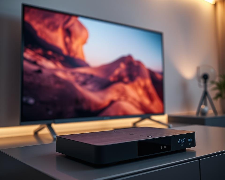 A high-definition video streaming setup, captured in a sleek, modern environment. In the foreground, a cutting-edge 4K television displays a vibrant, crystal-clear image, its screen reflecting the warm, soft lighting from overhead. In the middle ground, a state-of-the-art media streaming device, with clean lines and a minimalist design, sits atop a minimalist entertainment console, ready to deliver the ultimate streaming experience. The background features a neutral-toned wall, accentuated by subtle ambient lighting, creating a sense of depth and sophistication. The overall scene conveys a seamless, high-quality streaming setup, perfectly suited for an immersive, cinematic viewing experience.