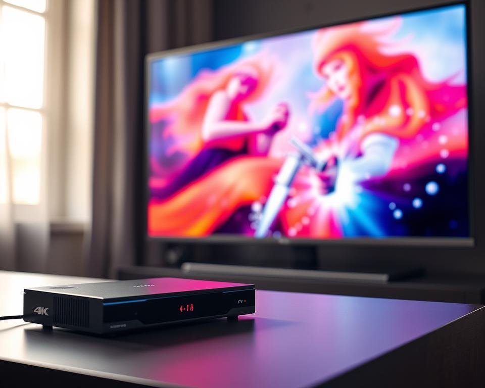 A high-quality 4K IPTV streaming setup, with a sleek black media player and a modern TV screen showcasing vibrant, crystal-clear video playback. Soft lighting from a side window casts a warm glow, accentuating the sharp details and smooth motion of the content. The scene exudes a sense of technological sophistication and immersive entertainment, capturing the seamless and reliable performance of a premium IPTV service.