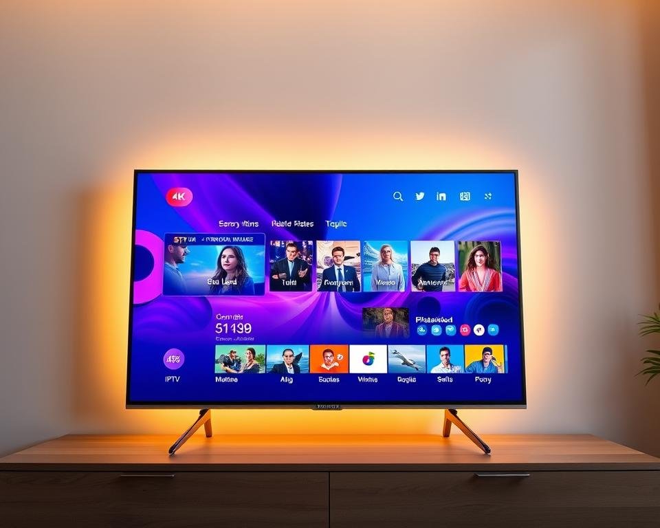 A high-quality 4K video display showcasing a vibrant and crisp IPTV service interface. The screen is set against a minimalist, softly-lit background, casting a warm glow on the display. The user interface features sharp, intuitive icons and menus, with a clean and visually appealing design. The video content itself is rendered in vivid, lifelike colors and detailed resolution, highlighting the superior picture quality of the IPTV service. The overall scene conveys a sense of premium, reliable entertainment at the user's fingertips.