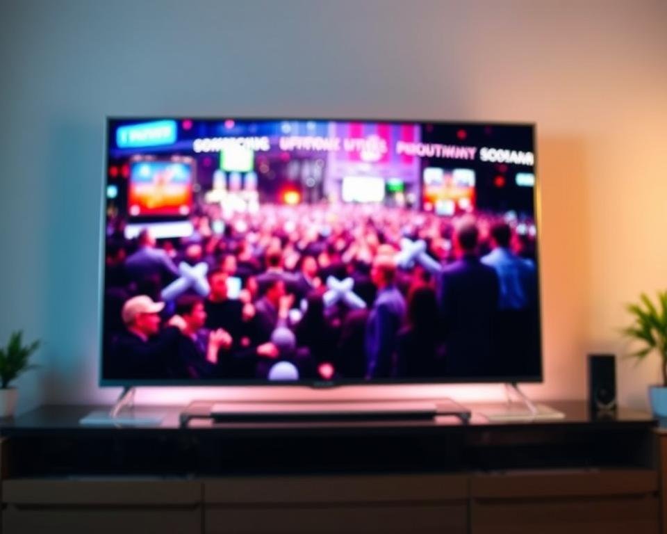 A high-quality IPTV streaming experience showcased on a sleek, modern smart TV screen. The screen displays a vibrant, crystal-clear image with rich colors and deep blacks, immersing the viewer in a cinematic viewing experience. The background is softly blurred, highlighting the central TV display and creating a sense of depth and focus. Subtle lighting from behind the TV casts a gentle glow, adding depth and atmosphere. The overall mood is one of technological sophistication and premium entertainment, reflecting the "Streaming Quality and Performance Benchmarks" section of the article.
