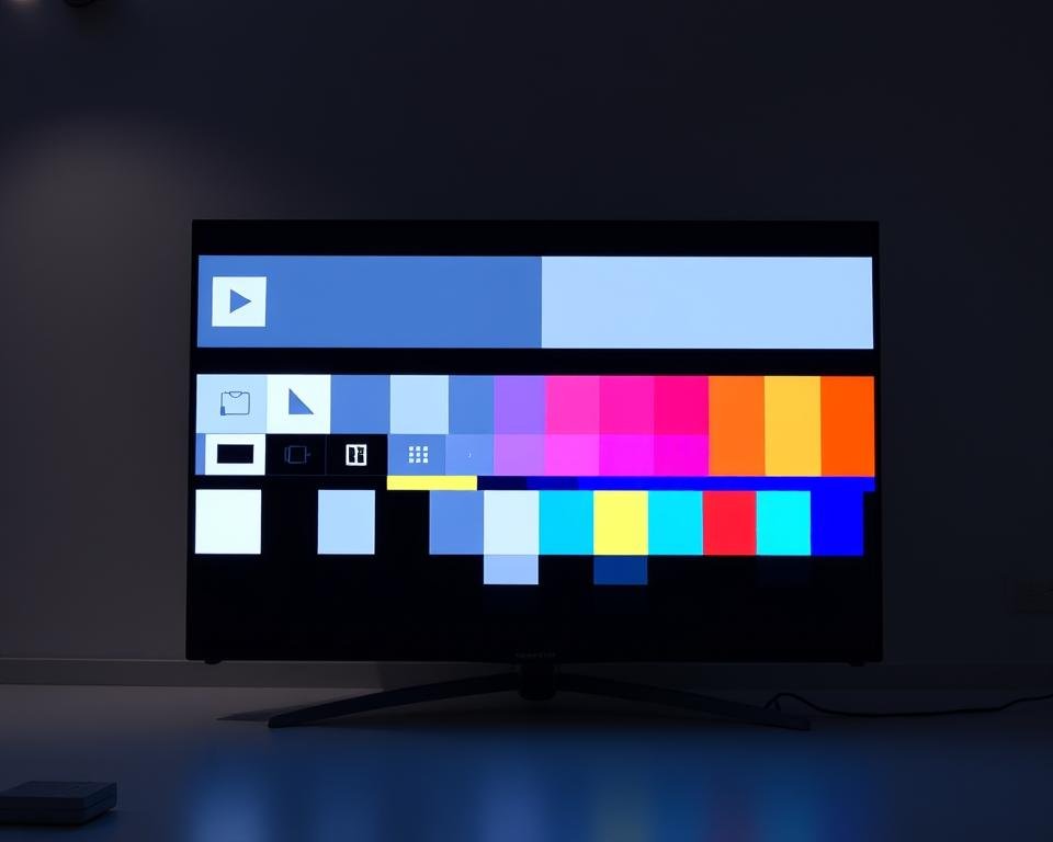 A high-quality IPTV test pattern displayed on a professional-grade 4K television screen. The test pattern features a series of geometric shapes, grayscale gradients, and color bars, all rendered in vivid, accurate hues. The screen is placed in a dimly lit, minimalist studio setting, with soft, even lighting illuminating the display. The camera angle captures the test pattern at a slight diagonal, creating a sense of depth and emphasizing the screen's size and quality. The overall mood is one of technical precision and visual clarity, showcasing the capabilities of the IPTV system under evaluation.