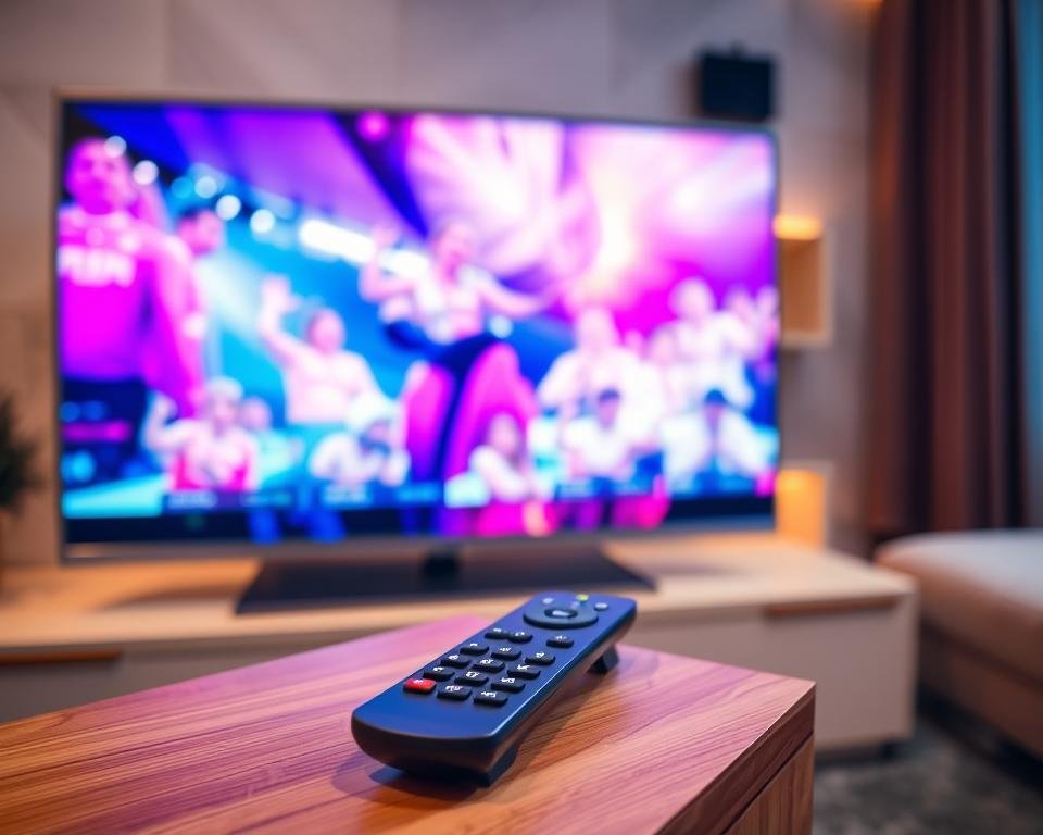 A high-quality UK IPTV streaming setup displayed on a sleek, modern TV screen. The image showcases a vibrant, crystal-clear video feed with rich colors and sharp details, reflecting the exceptional video quality. In the foreground, a sophisticated remote control with intuitive controls sits on a minimalist, wood-grain media console. The background features a cozy living room ambiance, with warm lighting and a stylish, contemporary decor that complements the premium IPTV experience. The overall scene conveys a sense of comfort, convenience, and technological sophistication for the discerning UK viewer.