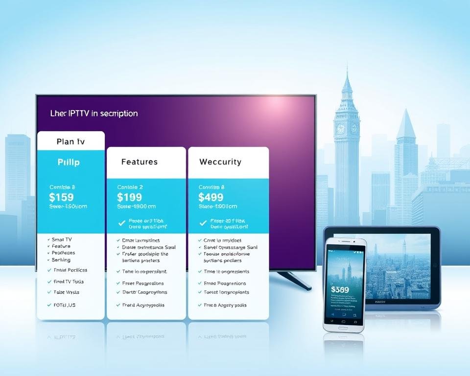 A high-quality, detailed illustration of UK IPTV subscription plans. The foreground features a sleek, modern interface displaying different plan options with pricing, features, and benefits. The middle ground showcases various devices (smart TV, smartphone, tablet) accessing the IPTV service, highlighting its cross-platform accessibility. The background depicts a cityscape of the UK, representing the domestic market. The lighting is bright and crisp, with a cool color palette to convey a professional, trustworthy atmosphere. The composition emphasizes the value proposition of the IPTV plans through clear, legible information and visually engaging imagery.