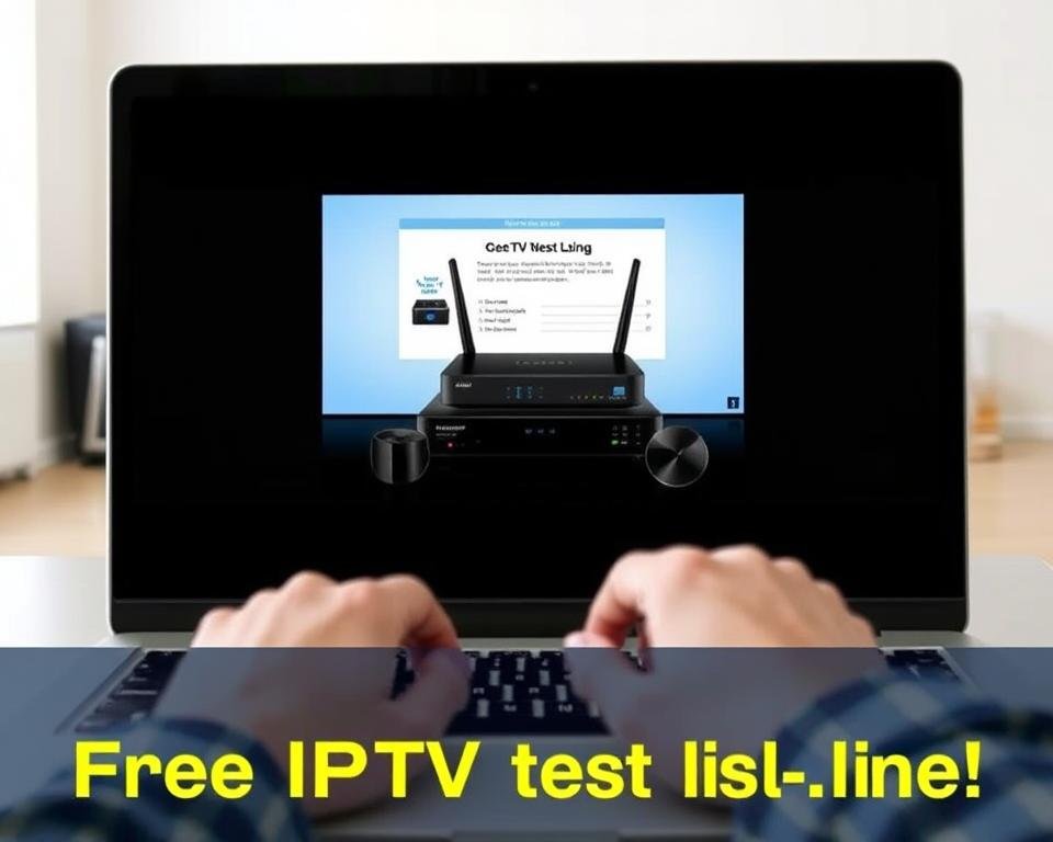 A high-quality, detailed image of a step-by-step tutorial for setting up a free IPTV test line in the UK. The foreground shows a person's hands operating a laptop, with the screen displaying the IPTV setup process. The middle ground features various networking devices such as a router, modem, and set-top box. The background has a clean, minimalist office or home interior setting, with neutral-toned walls and natural lighting coming in from a window. The image conveys a sense of ease and simplicity in the setup process, encouraging the viewer to try out the free IPTV test line.