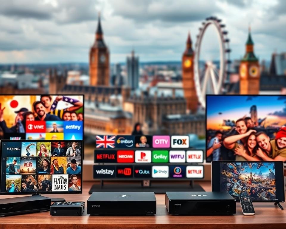 A high-quality, detailed image of various IPTV service options available in the UK. In the foreground, showcase a variety of streaming devices such as smart TVs, set-top boxes, and mobile devices, all displaying vibrant and diverse content. In the middle ground, depict a range of IPTV service logos and branding, highlighting the broad selection of providers. In the background, include a cityscape of the UK, with iconic landmarks like Big Ben and the London Eye, to establish the geographic context. Illuminate the scene with warm, natural lighting and a slightly cinematic depth of field to create a polished, professional appearance.