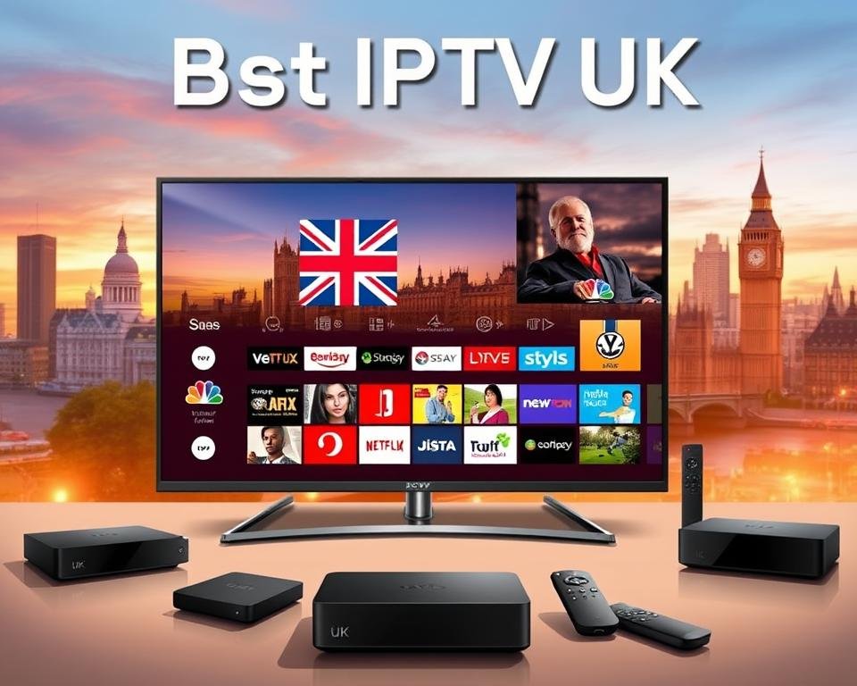 A high-quality digital illustration of "Best IPTV UK" featuring a sleek, modern TV set in the foreground, displaying a vibrant array of popular UK television channels. The TV is surrounded by various streaming devices and remote controls, all rendered in a clean, minimalist style with a focus on usability and accessibility. The background showcases a cityscape of London landmarks, bathed in a warm, golden hour lighting that creates a sense of comfort and reliability. The overall composition conveys the idea of a comprehensive and reliable IPTV service that provides the best value for UK-based viewers.